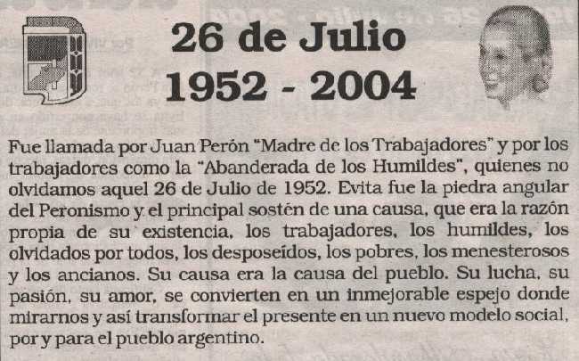 52 ANIVERSARIO DE LA MUERTE DE EVA PERON